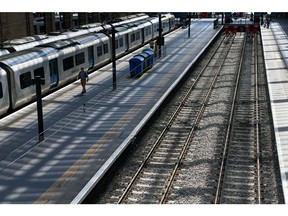 Empty railway tracks during rail strikes at London King's Cross railway station in London, UK, on Thursday, Aug. 18, 2022. A Network Rail spokesman said there'll be no services at all on half the system on Thursday and Saturday, slightly less disruptive than during walkouts in July amid improved availability of staff in Scotland.