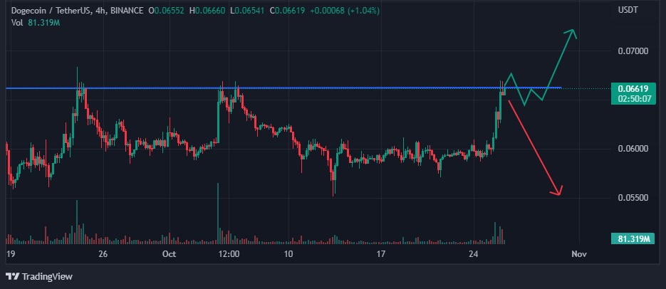 Chart showing Dogecoin’s possible price trajectory after hitting the $0.066 support, Twitter