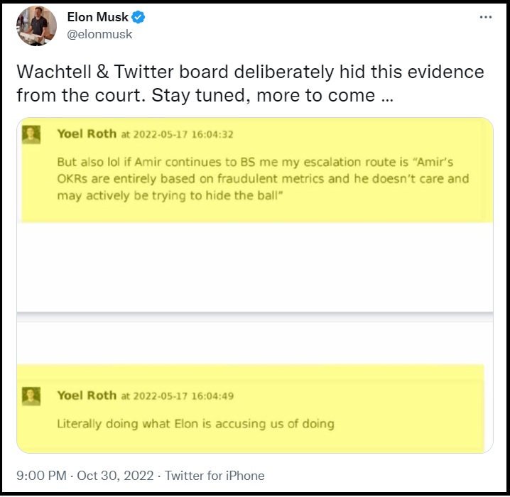 Elon Musk Begins Releasing Internal Notes from Twitter Execs Highlighting Intent to Hide True “Objectives and Key Results” During Lawsuit